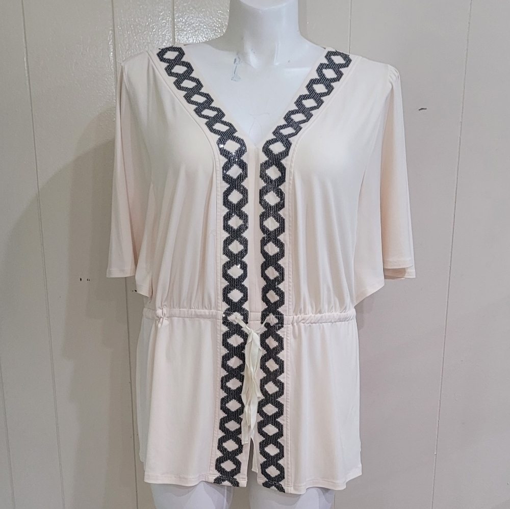 Women's Casual Boho Embroidered V Neck Shirt Casual Loose Sz XL